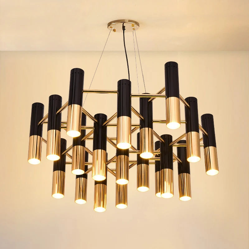 American Style LED Chandelier Living Room Decoration Metal Tube Black Gold Pipe Hanging Lamp Kitchen Indoor Lighting Fixture