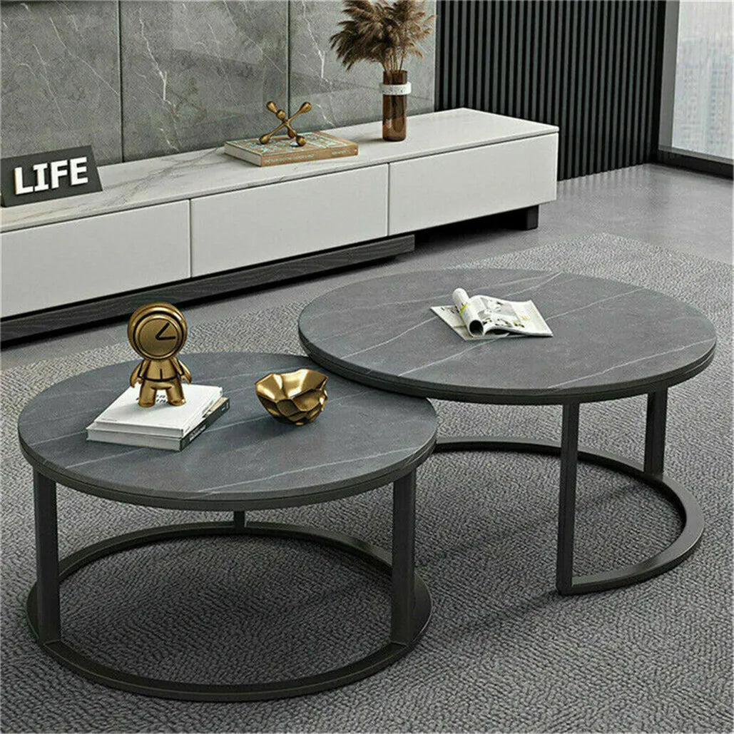 Modern Nesting Round Grey Marble Top Coffee Table Set Sintered Stone Table Metal Legs Home Furniture