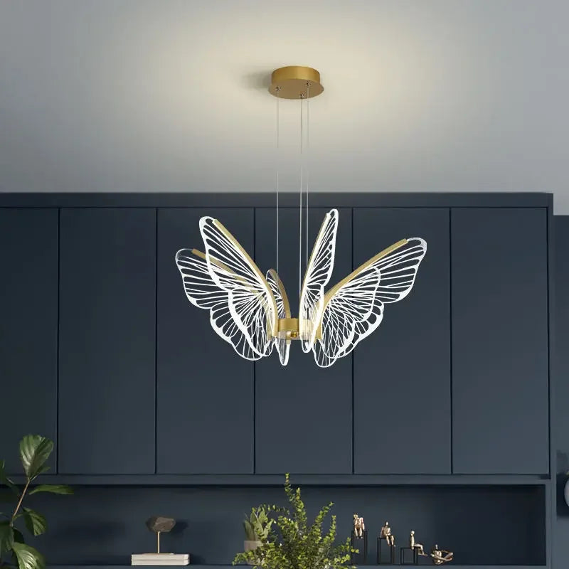 Nordic Simple Modern Butterfly Living Room LED Pendant Lamp Bedroom  Creative Golden Transparent Acrylic Wing Chandelier Light