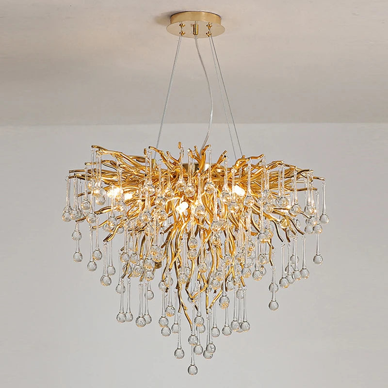 Gold Water Drop Luxury Ceiling Chandeliers Modern Branches Lustre Living Dining Room Hotel Hall Decor Pendant Lights Suspension