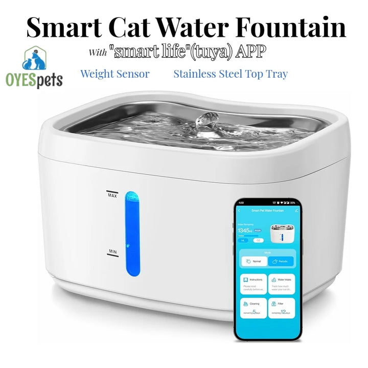 Cat Water Bowl Fountain with APP Wireless Connected 84oz/2.5L Automatic Pet Water Fountain with Stainless Steel Tray Weight Sensor