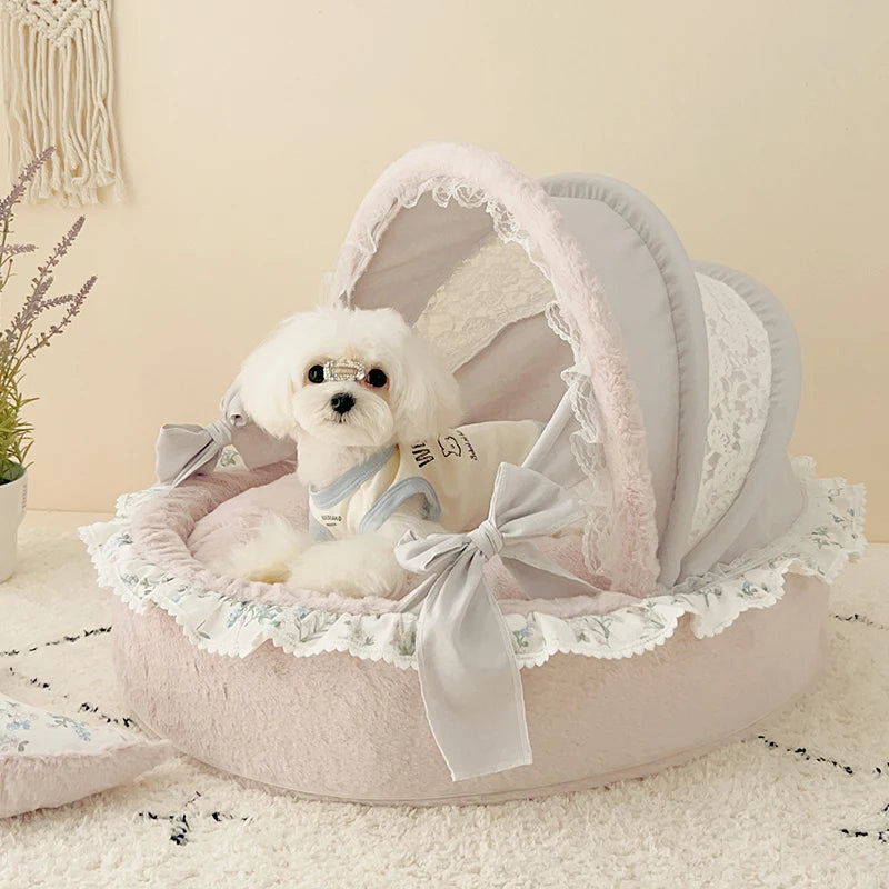 Pet Cradle Bed with Cotton Puppy Kitten Princess Bed - Pet Sofa, Dog Cushion Puppy Cradle Bed, Morandi Beige