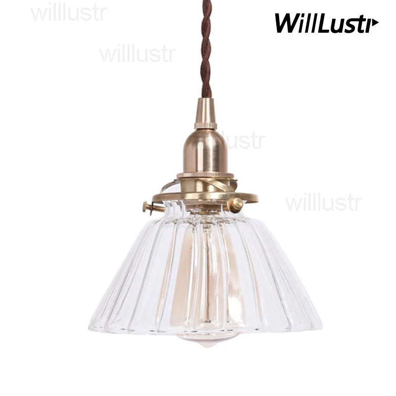 Handmade Mouth Blown Glass Brass Pendant Lamp Clear Transparent White Ribbed Ceiling Chandelier Suspension Hanging Lighting