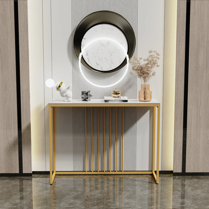 Narrow Modern Accent Console  Table with Sintered Marble Top and Gold Metal Frame