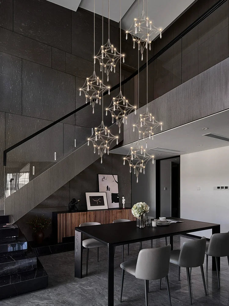 Staircase crystal chandelier postmodern restaurant Ceiling pendant duplex villa stainless steel long chandelier indoor lighting