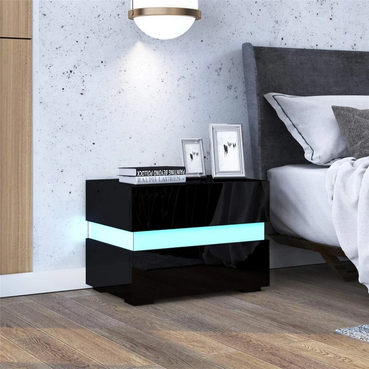 Nordic Bedside Cabinet Black Bedside Table With 2 Drawers LED High Gloss Modern Nightstands For Bedroom Living Room Furniture