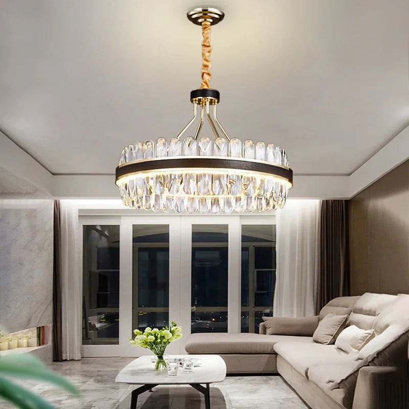 Modern Black and Gold Chandeliers Lighting Round LED Chandelier Crystal  for Living Room Lustre Suspension Luminaire Lamp