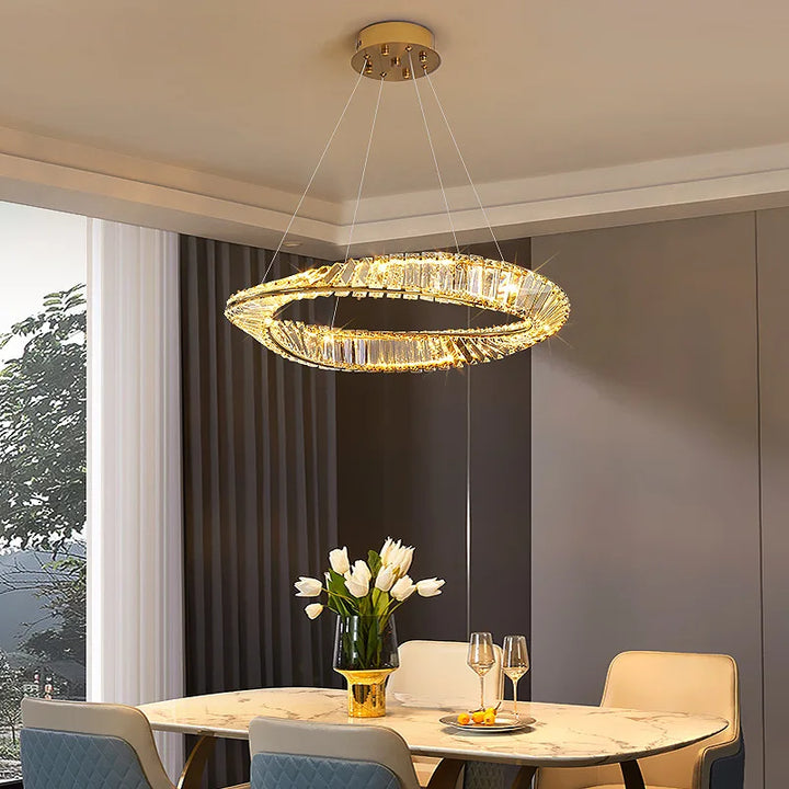 Modern LED K9 Crystal Chandelier Irregular Ring Plated Steel Pendant Light Home Decor Fixtures Ceiling Lamps