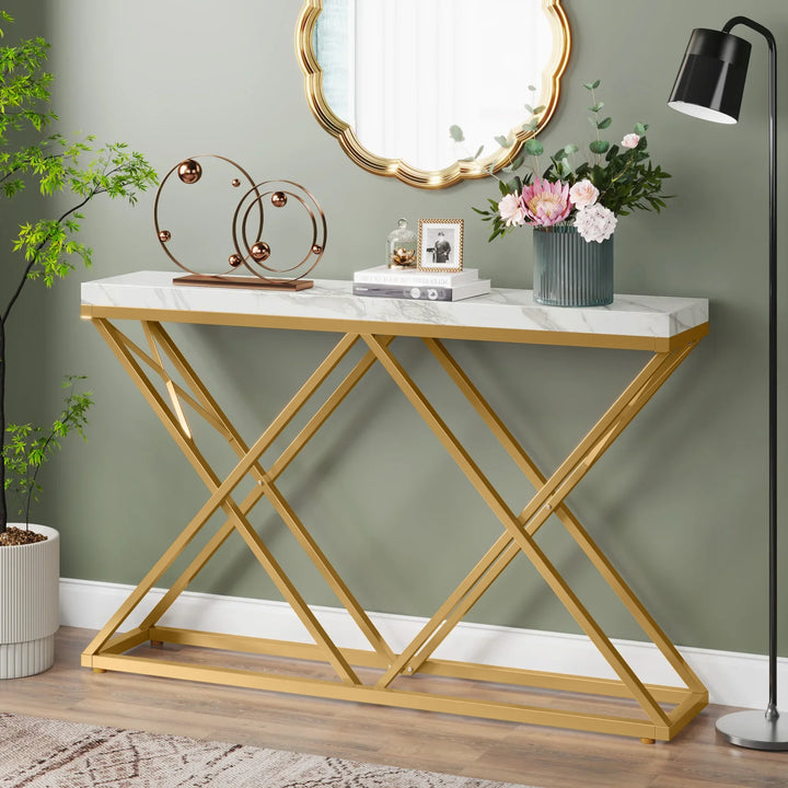 Tribesigns Gold Console Table, Modern 55 inch Entryway Table Narrow Long Sofa Table, Faux Marble White Wood Foyer Table