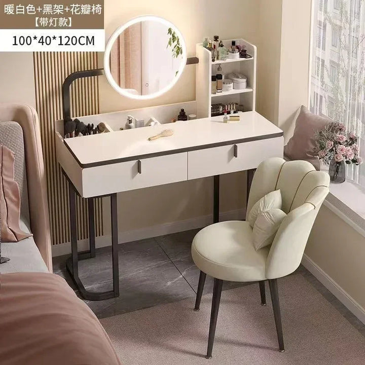 Modern Vanity Set with Lighted Mirror Stool, Large Makeup Vanity Desk Dressing Table with LED Lights, 2 Drawers, Storage Shelves