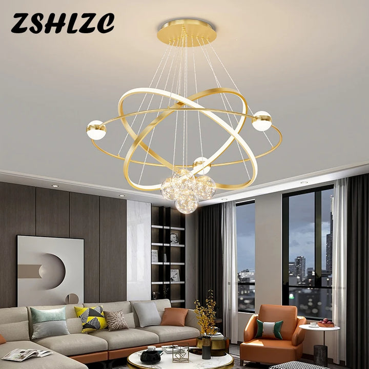 Modern Round Rings Led Chandelier Home Lighting Ceiling Mounted For Living Room Bedroom Hanging Lamp Gold&White Color Light 220V