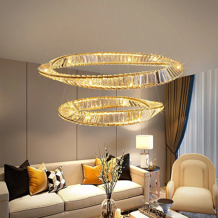 Modern LED K9 Crystal Chandelier Irregular Ring Plated Steel Pendant Light Home Decor Fixtures Ceiling Lamps