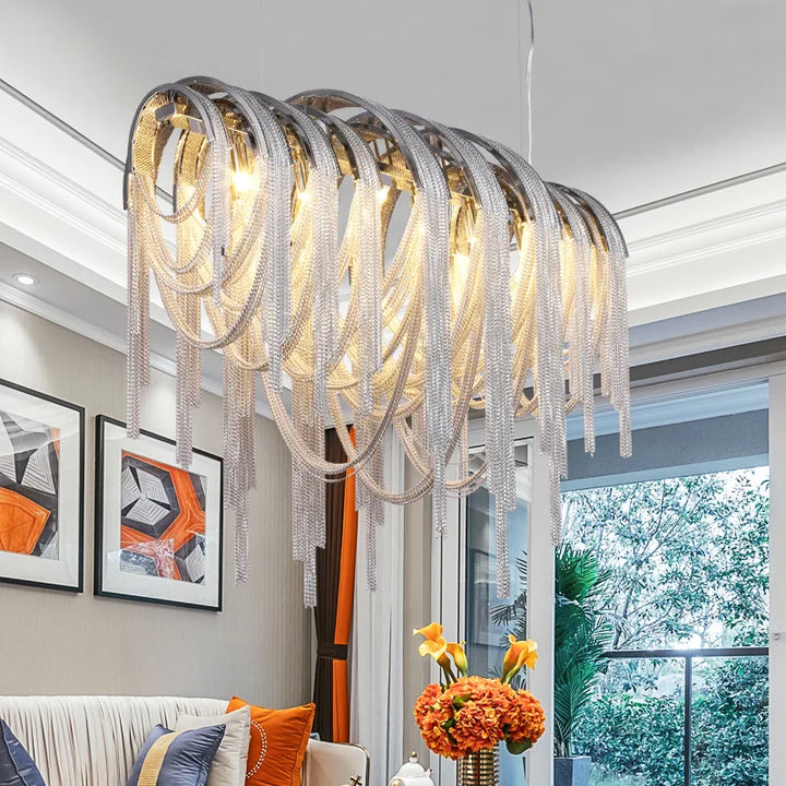 Postmodern LED Chandelier Gold Silver Aluminium Chain Hanging Pendant Light Living Dining Room Restaurant Hotel Decor Art Lustre