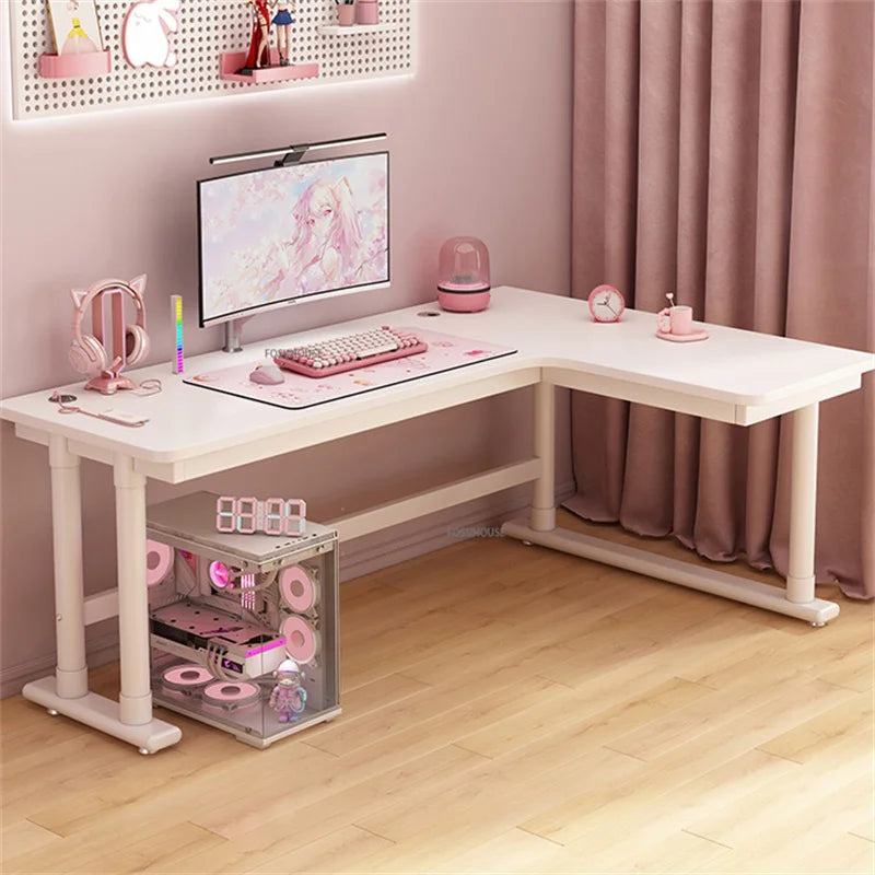 Corner Desktop Computer Desk Bookshelf Integrated Office Furniture Carbon Fiber Computer Table Pink Gaming Desk Girls Study Desk