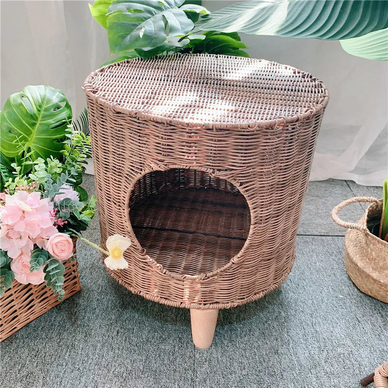 Vintage Rattan Pet Bed Plastic Pagoda Tent Cat Nest Dogs and Cats House Cylindrical Nest  Cat Scratching Post  Cat Tower