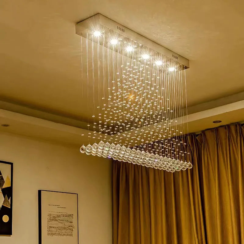 Modern LED Cystal Chandelier Hanging Wire Square Pendant Light Fixture Rain Drop Curtain  Ceiling Lamp Lighting 100CM