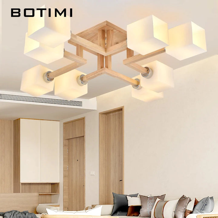 BOTIMI  Natural Wooden Ceiling Lights For Living Room Cube Glass Lampshades Ceiling Mounted Bedroom Lustres Modern Dinning Lamp