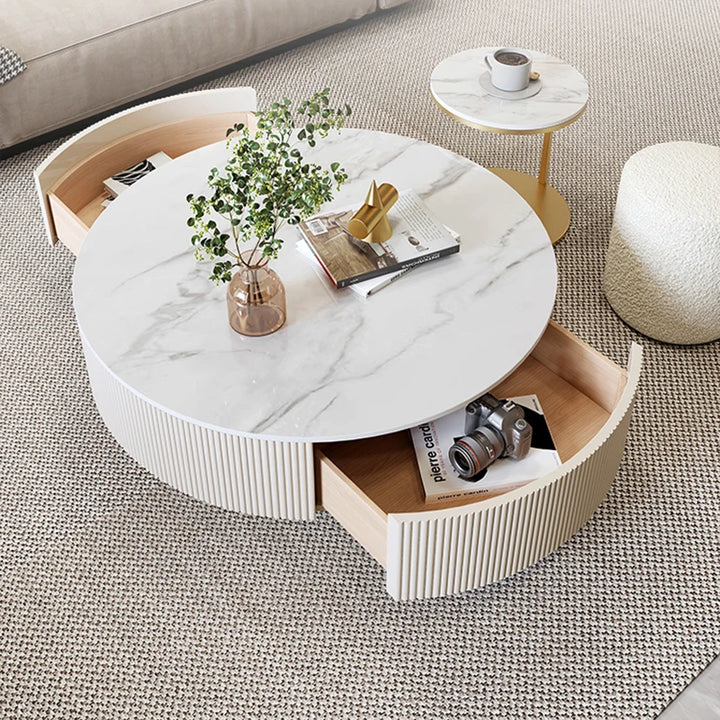 Round Minimalist Coffee / End Table with Gold leg & Storage Drawer