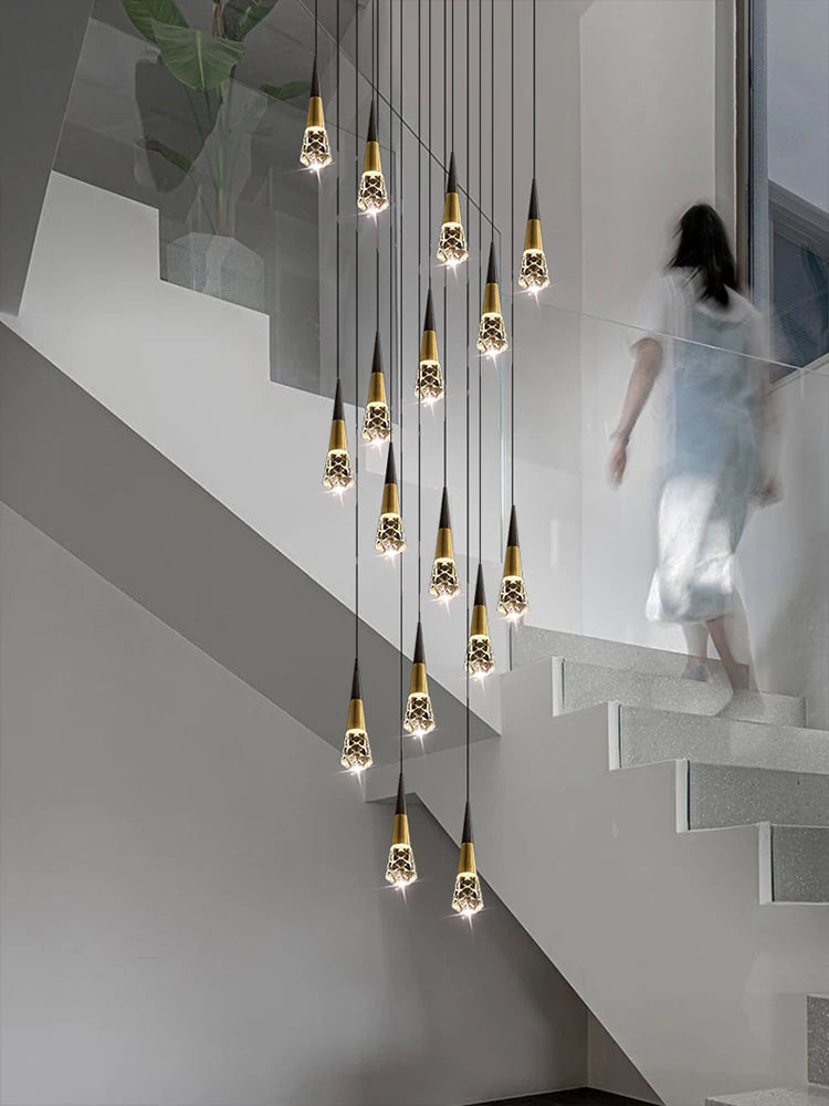 Modern Staircase Chandelier Black Gold Ceiling Hang Lamps Nordic Ceiling Lights for Living Room Creative Crystals Pendant Light