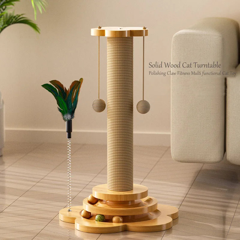 Cat Pet Products Accessories Sisal Scratching Post Solid Wood Pet Cat Turntable Funny Toy Balls Grab Column Training Supplies