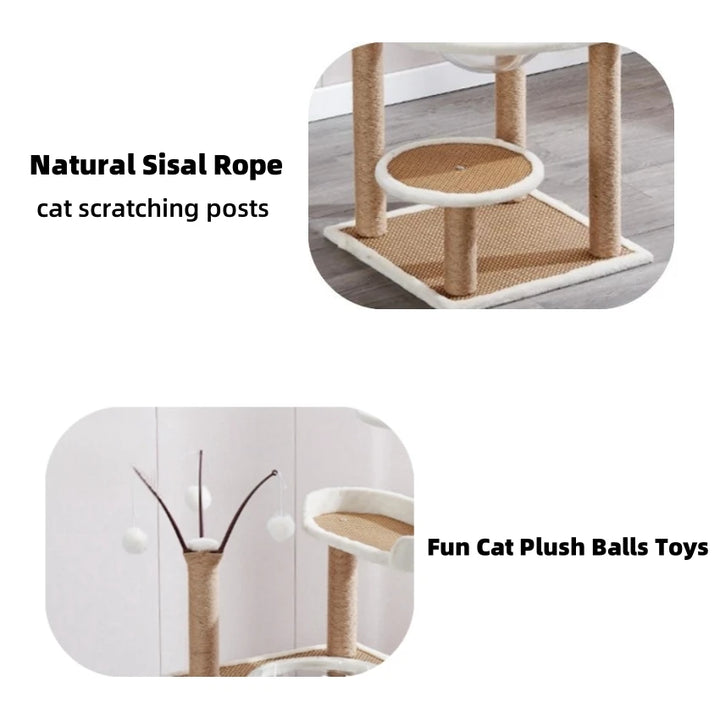 4 Layer Wooden Cat Tree House Space Capsule Cat Bed Rattan Mat Cat Tower With Sisal Rope Cat Scratching Posts Pet Cats Condos