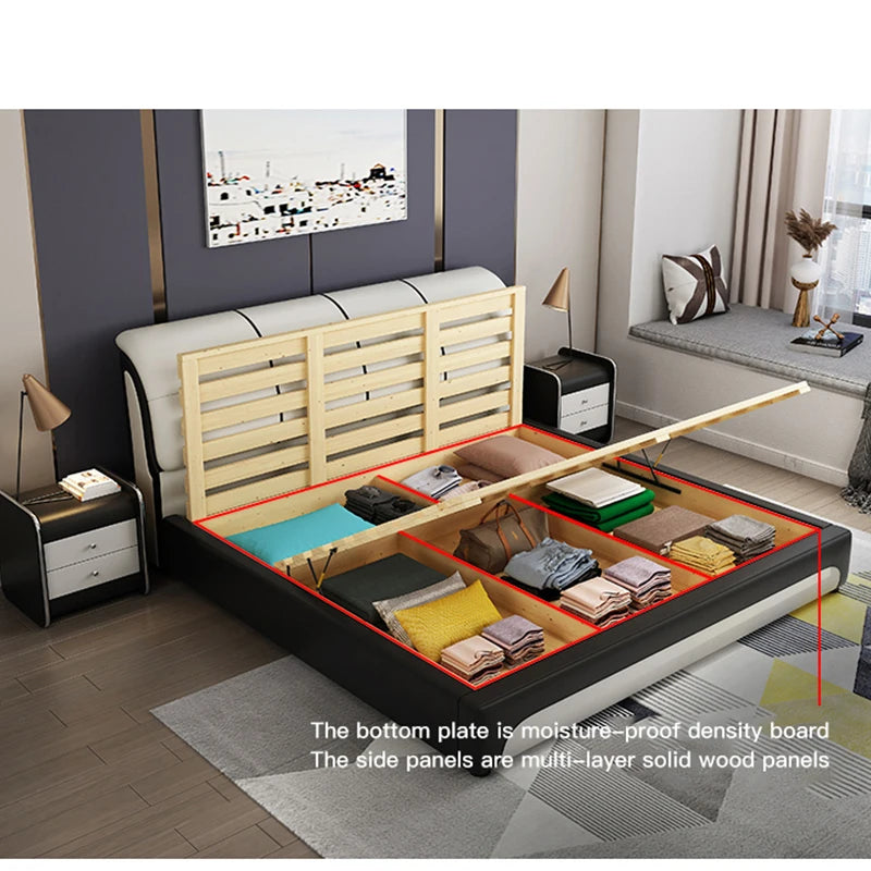 Double Bed Modern Simple Bedroom Furniture Comfortable Soft Bed High Quality Genuine Leather Villa Furniture