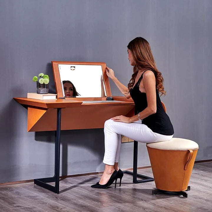 Italian Creative Dressing Table Orange Saddle Leather Flip Vanity Table With Storage Box Nordic Muebles Bedroom Furniture FGM