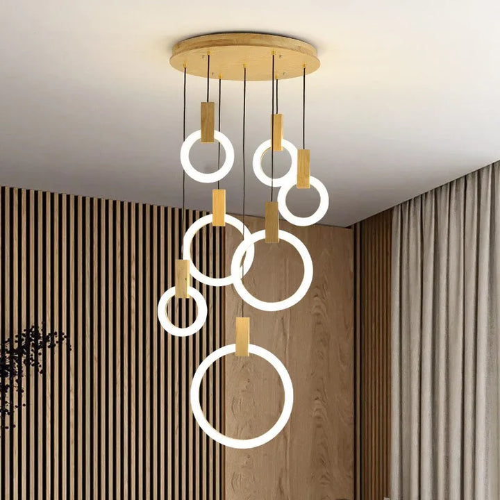 LED Modern Chandelier Stairs Ceiling Lights for Living Room Wooden Lighting Fixtures Hanging Lights Dining Pendant Lamps