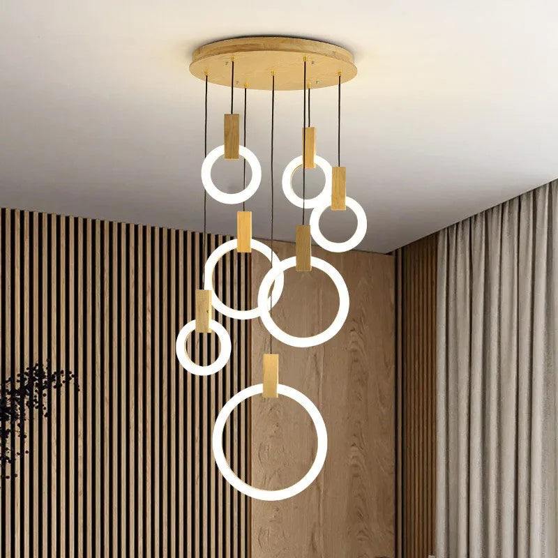 LED Modern Chandelier Stairs Ceiling Lights for Living Room Wooden Lighting Fixtures Hanging Lights Dining Pendant Lamps