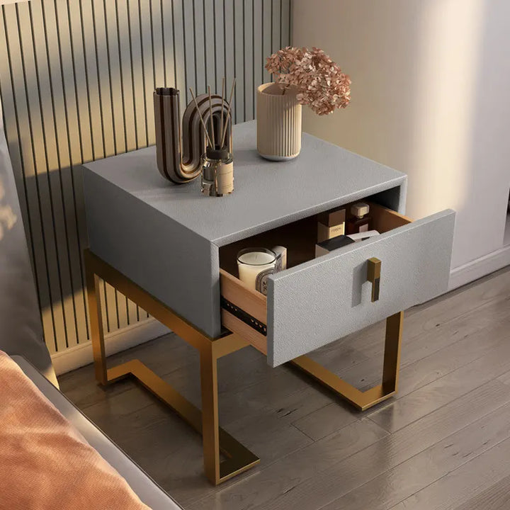 Luxury Bedside Table with Solid Wood Cabinet and Leather Drawer