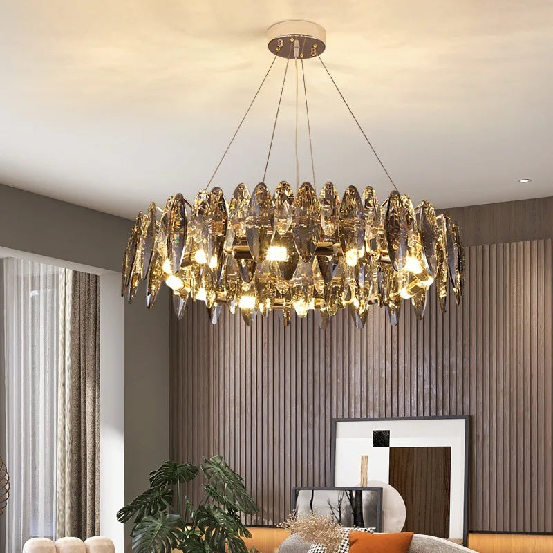 Round Luxury Crystal LED Chandeliers Lighting Fixtures Living Dining Room Kitchen Hanging Pendant Light Island Lamp Bulb Lustre