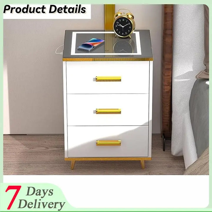 Nightstands With Socket And USB Smart Touch LED Bedside Table Living Room Lighting White Bedside Table Cabinet Table 3 Drawers