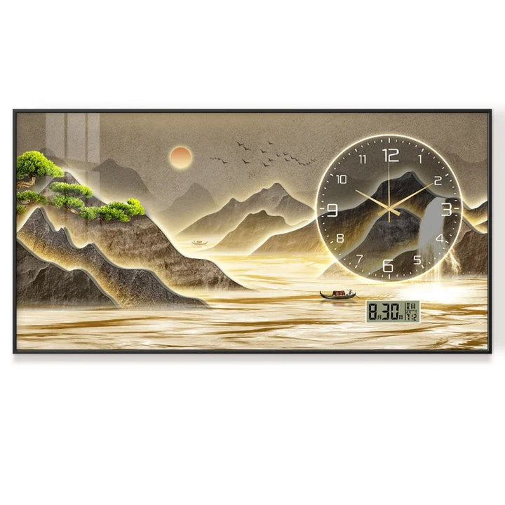 New Home Decor Wall Clock Living Room Decoration Landscape Painting Perpetual Calendar Timepiece Wall Decoration