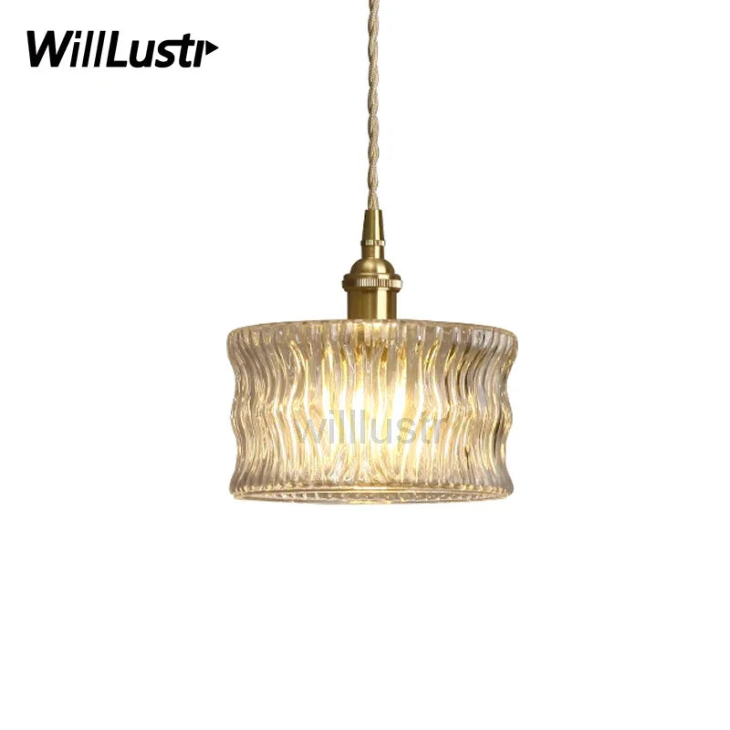 Ribbed Wave Glass Brass Pendant Lamp Clear Crystal Antique Hotel Bedroom Handmade Ceiling Chandelier Suspension Hanging Lighting