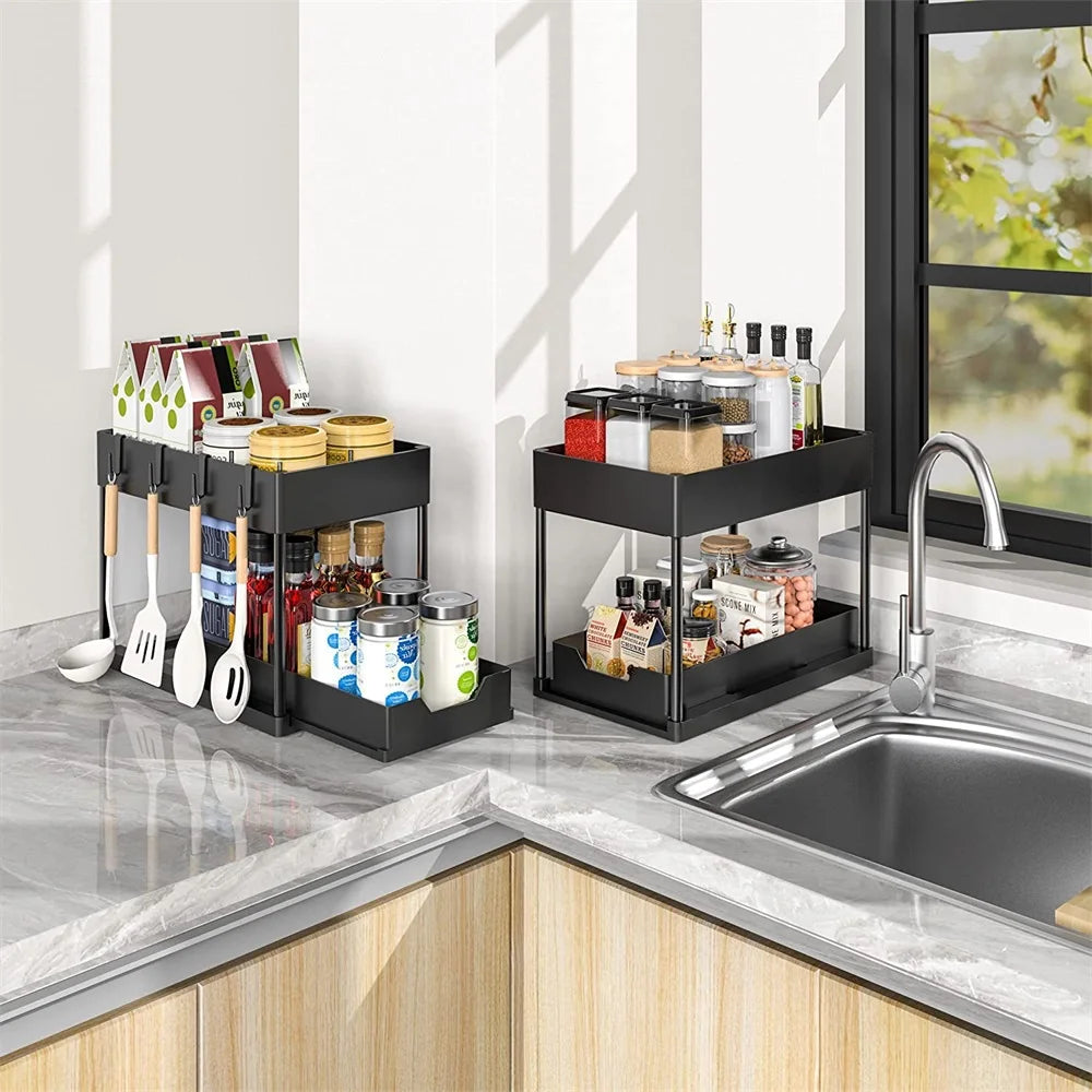 Kitchen Under Sink Organizer Storage Rack  2 Tier Shampoo Detergent Cabinet Spices Rack Bathroom Cosmetics Storage