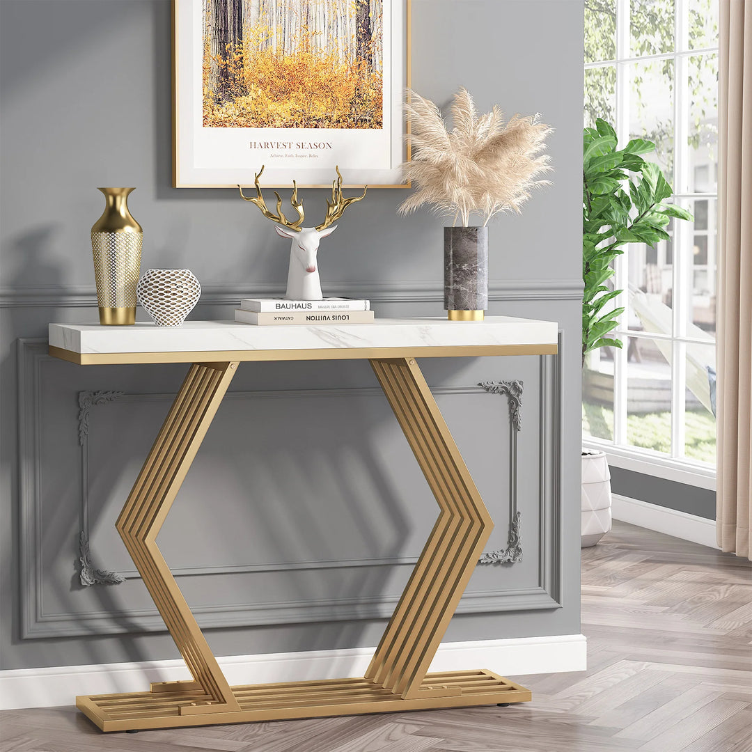 Tribesigns 42 inches Modern Gold Console Table with Geometric Metal Base, White Faux Marble Narrow Entryway Table Foyer Table