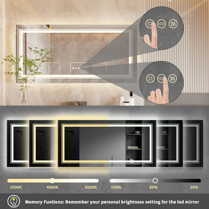 Extra Large Rectangle Bathroom Mirror LED Vanity Dimmable Backlit Anti-Fog Memory with Front and Backlight Shatter-Proof