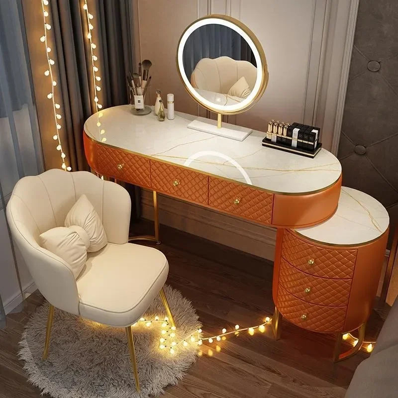 Nordic Luxury Dressers Bedroom Dressing Table Modern Retractable Table with Led Mirror Creative Storage Cabinet Vanity Furniture