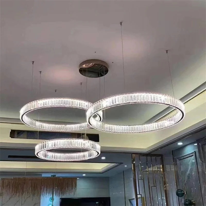 Modern Luxury Crystal Chandelier Circle Rings Staircase Chandelier Living Room Decoration Ceiling Chandelier Led Lighting