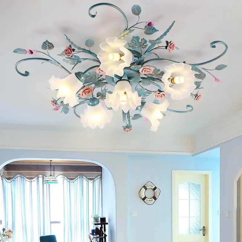 American LED Ceiling Lights Living Room Handmade Iron Rose Flower Lamp Bedroom Kitchen Lamps Korean Light Fixtures For Celling