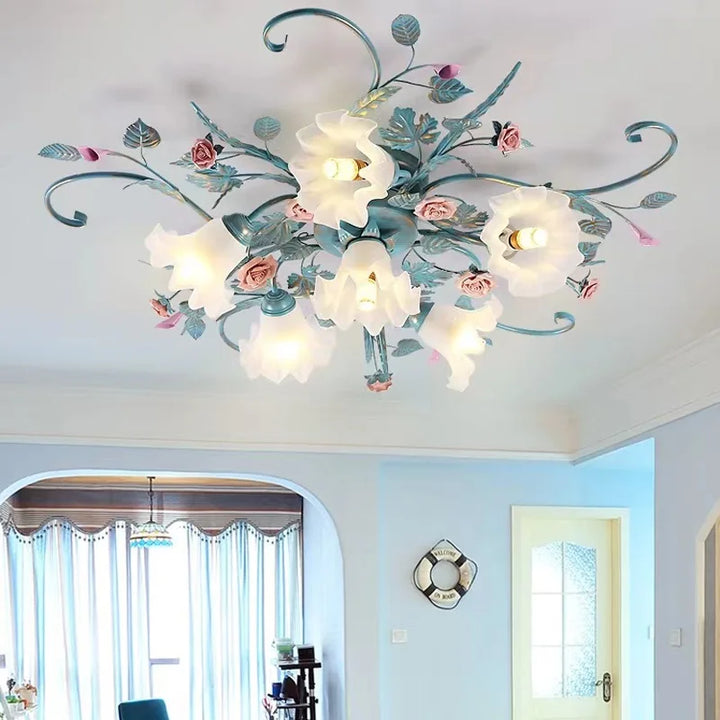 American LED Ceiling Lights Living Room Handmade Iron Rose Flower Lamp Bedroom Kitchen Lamps Korean Light Fixtures For Celling