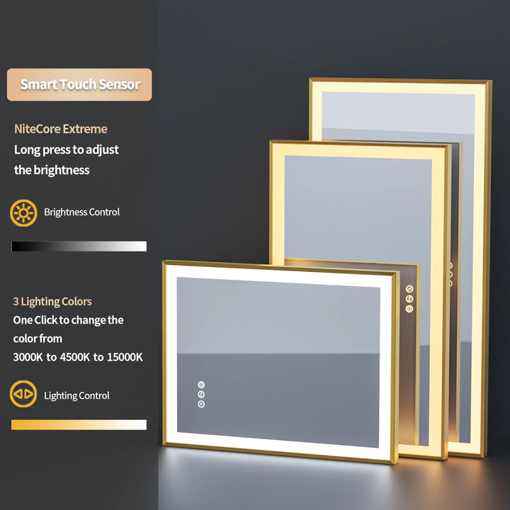 LED Bathroom Vanity Mirror Gold Frame Front Lighted Aluminum Rectangle Beveled Edge Tricolors Stepless Dimmable