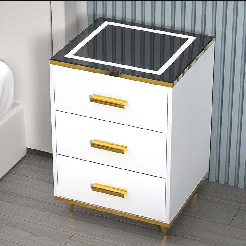 Nightstands With Socket USB Smart Touch LED Bedside Table Living Room Lighting White Bedside Table Cabinet Table 3 Drawers