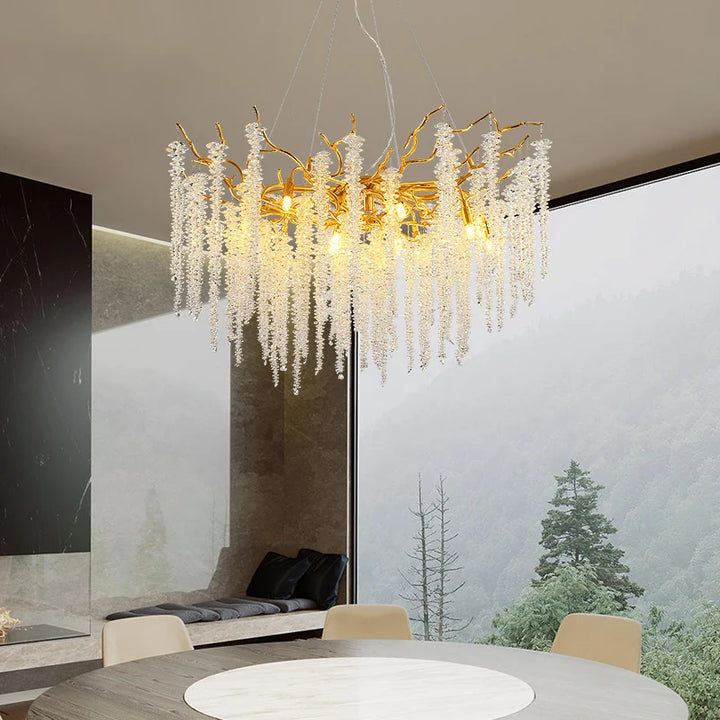 Modern Crystal Chandeliers Luxury Crystals Long Round LED Pendant Lamp for Living Hotel Hall Tassel Hanging Ceiling Chandelier