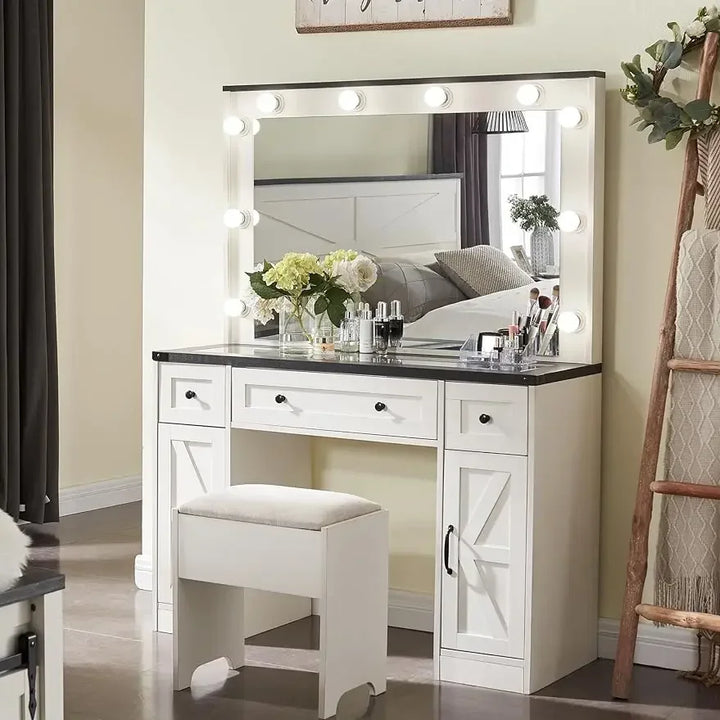 43" Makeup Vanity Desk with Mirror and Lights, Farmhouse Vanity Dressing Table Set with 3 Drawers & 2 Cabinets, Stool