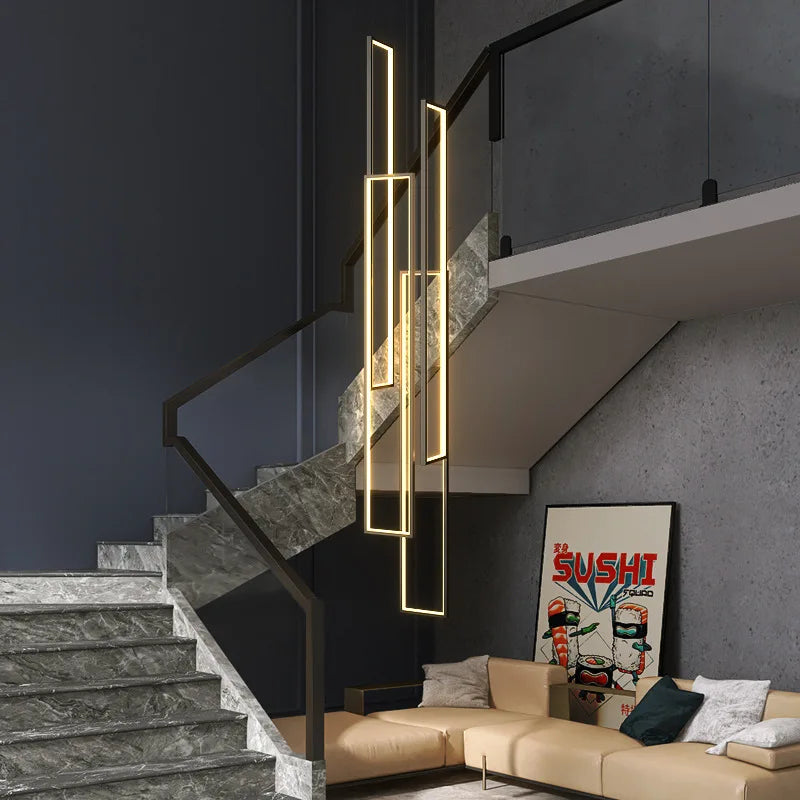 Modern LED Rectangle Staircase Chandeliers Hanging Pendant Lighting Living Room LOFT Decor Hanging Lamp Luminaires Suspension