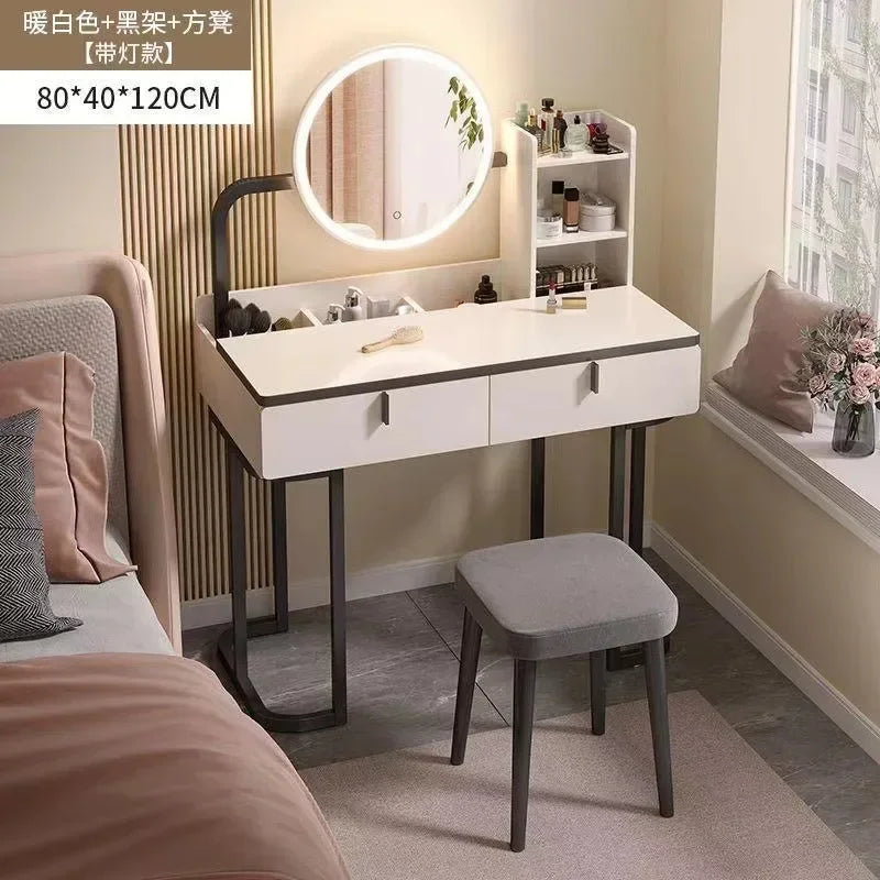 Modern Vanity Set with Lighted Mirror Stool, Large Makeup Vanity Desk Dressing Table with LED Lights, 2 Drawers, Storage Shelves