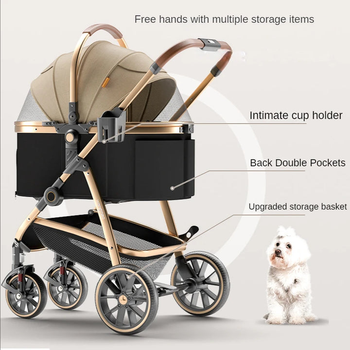 Multifunctional Detachable Pet Stroller Carrier Luxury Gold Dog Stroller for Large Dogs Cats Foldable Car Dog Carrier Bag Bed