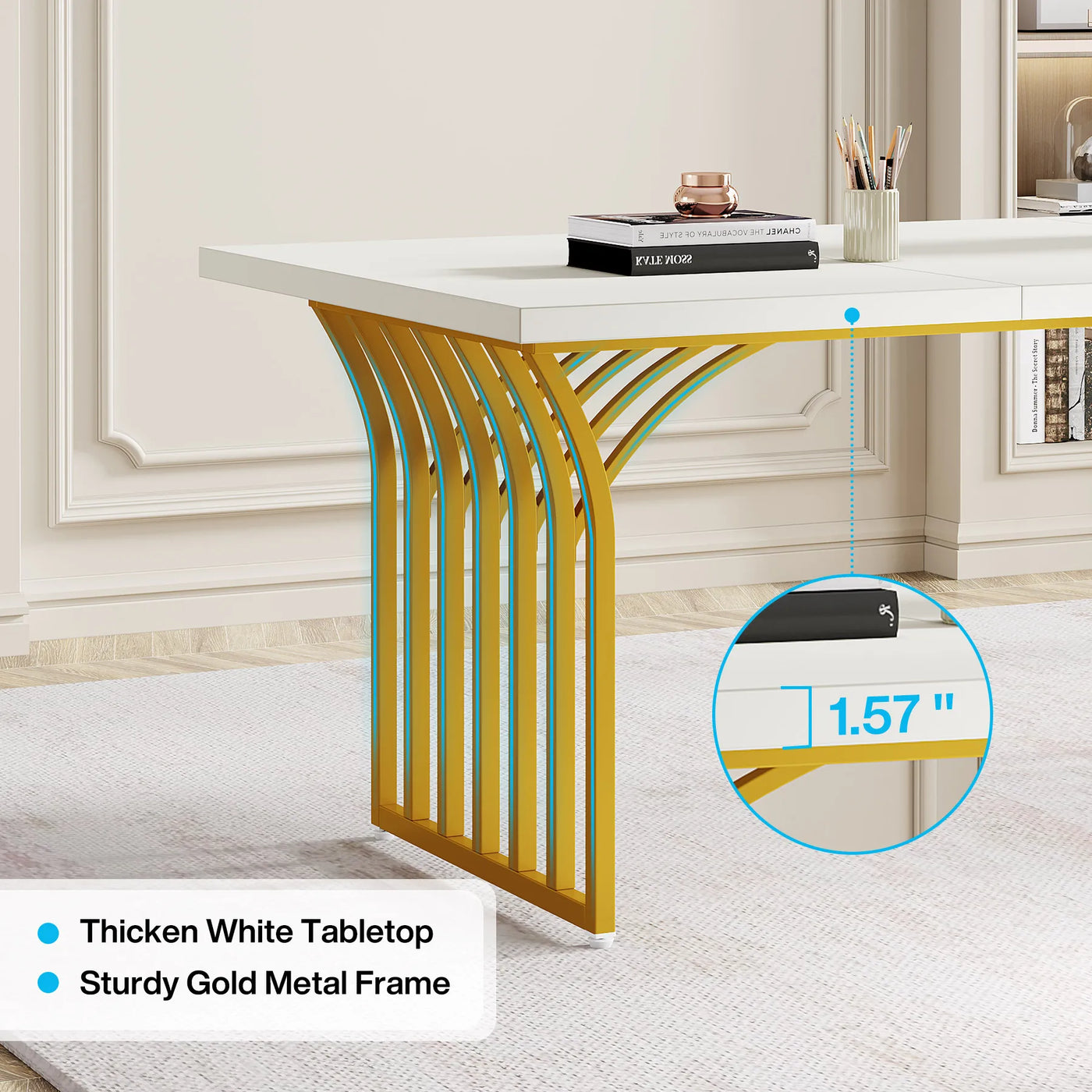 Tribesigns 63" White Office Desk, Modern Executive Desk Large Computer Desk with Gold Metal Frame, Wood Writing Desk Workstation