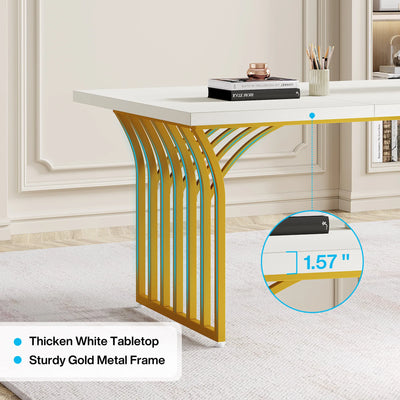 Tribesigns 63" White Office Desk, Modern Executive Desk Large Computer Desk with Gold Metal Frame, Wood Writing Desk Workstation
